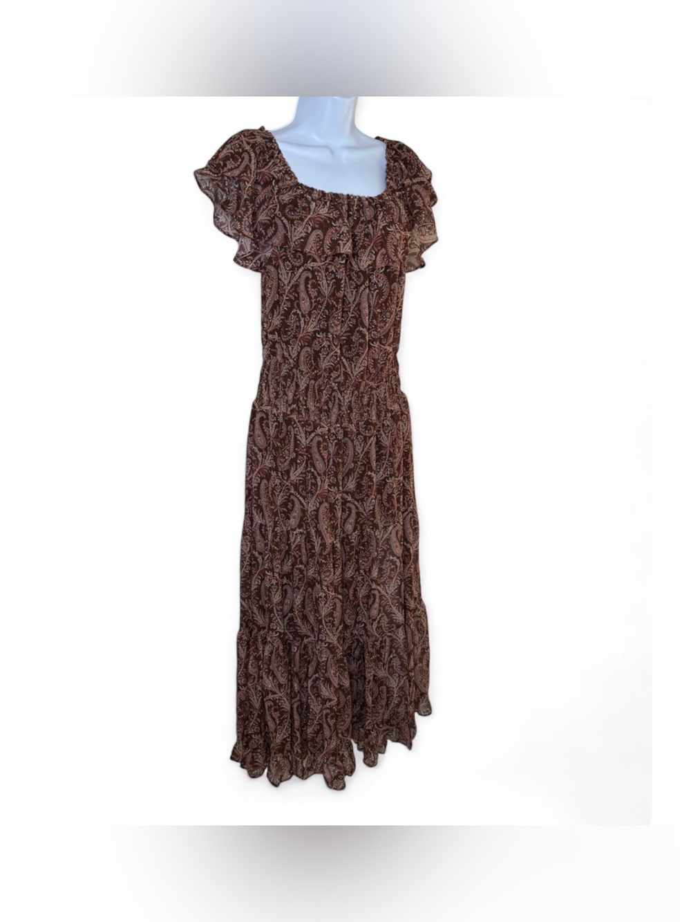 PAIGE Alistar Silk Paisley Midi Dress Oak Multi Size M Brown Boho NWT